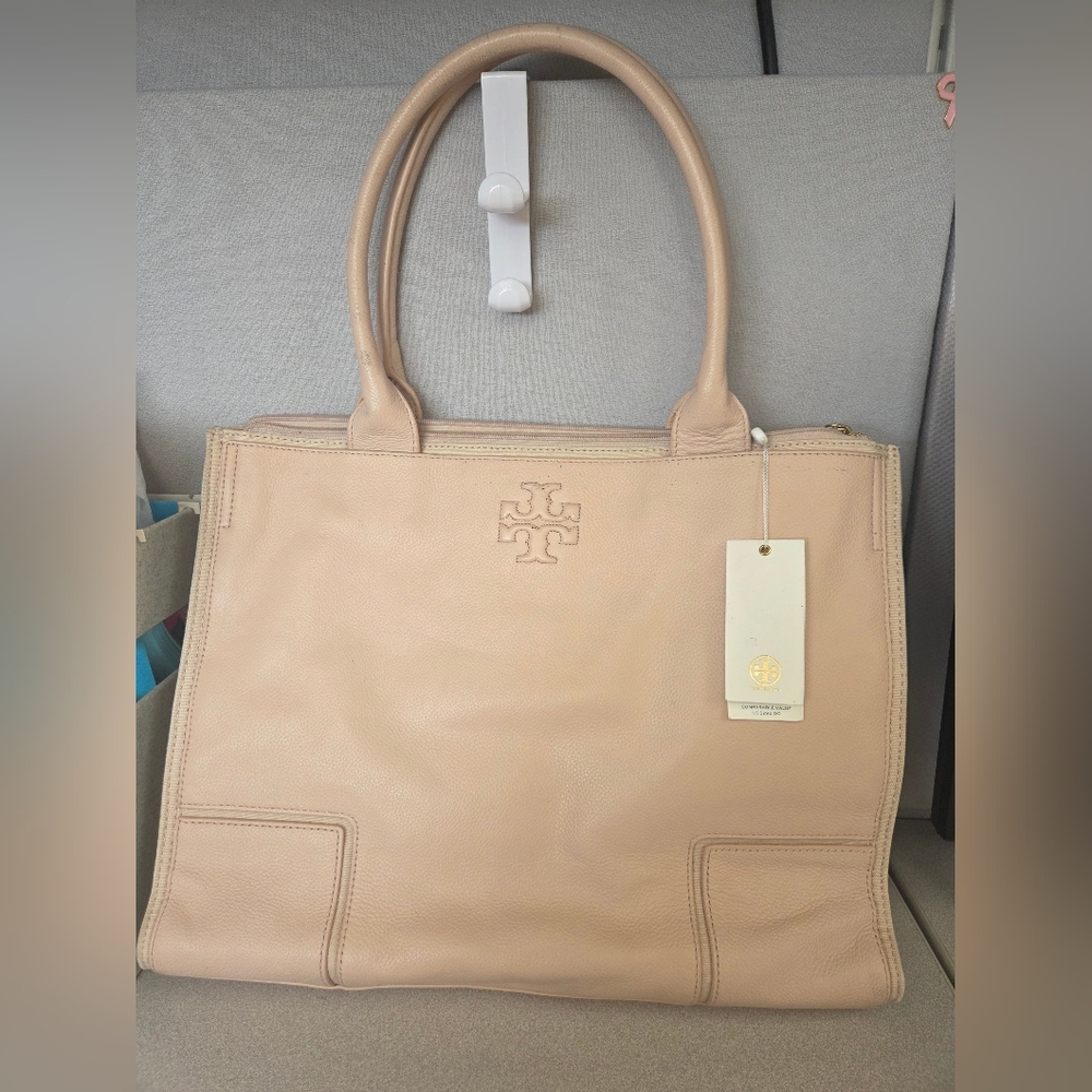 NWT Tory Burch Ella Large Leather & Canvas Tote Shoulder Bag LIGHT OAK NEW